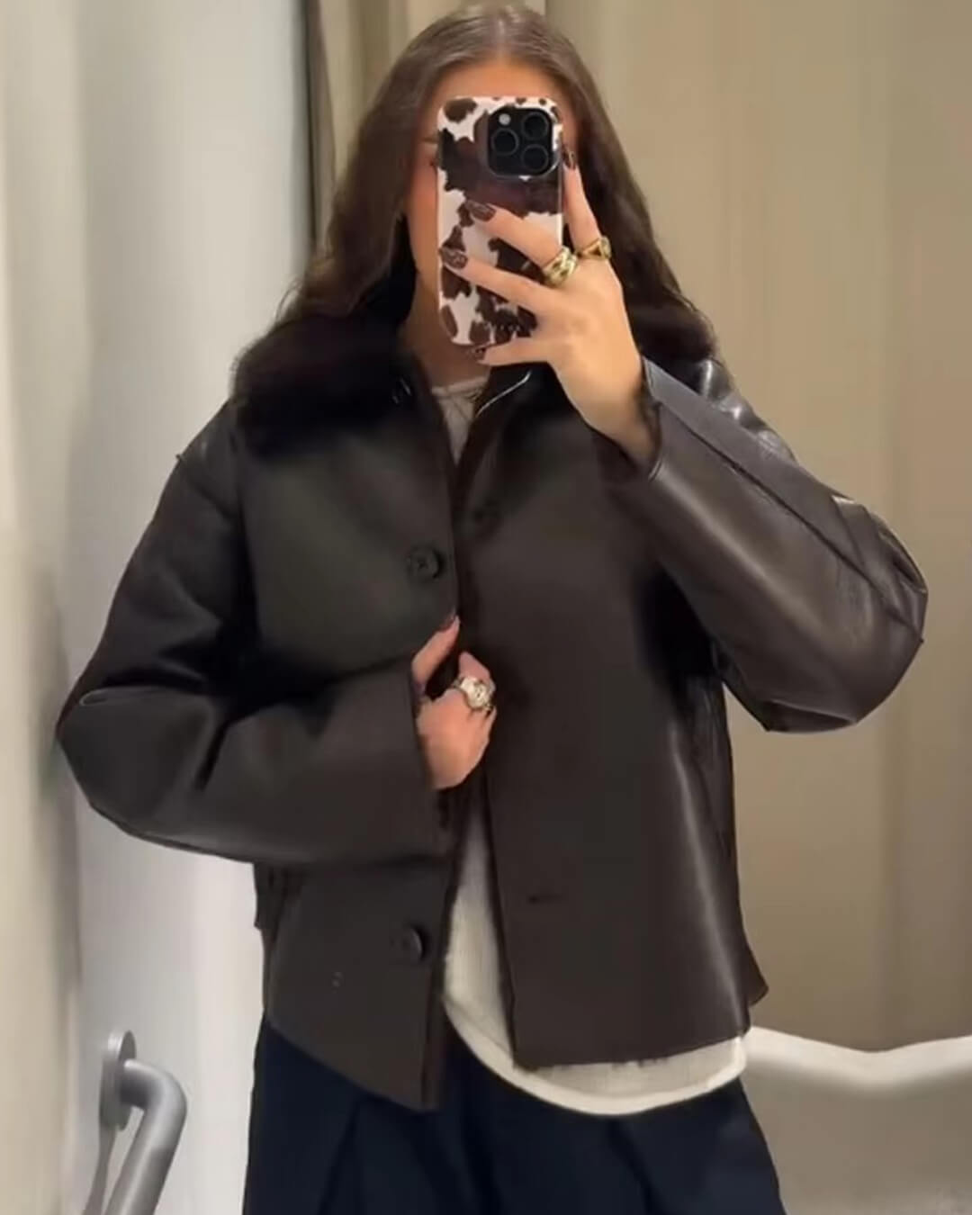 Faux Fur Collar Reversible Faux Leather Jacket for Women