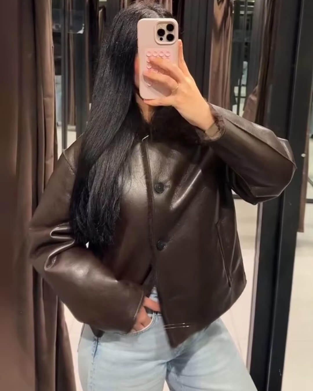 Faux Fur Collar Reversible Faux Leather Jacket for Women