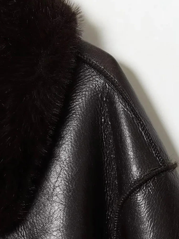 Faux Fur Collar Reversible Faux Leather Jacket for Women