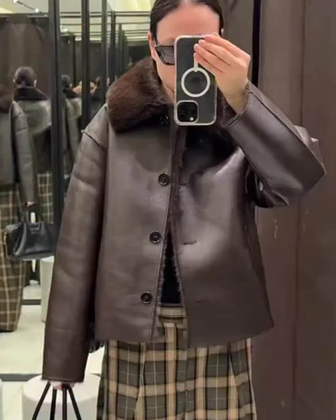 Faux Fur Collar Reversible Faux Leather Jacket for Women