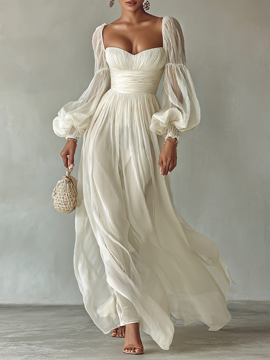 Square Neck Long Sleeve Maxi Chiffon Dress for Women