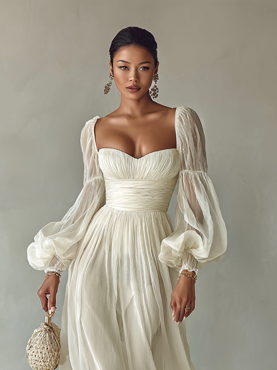 Square Neck Long Sleeve Maxi Chiffon Dress for Women - View 2