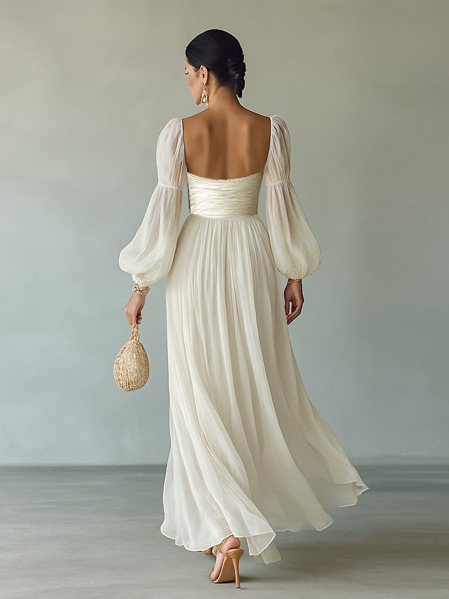 Square Neck Long Sleeve Maxi Chiffon Dress for Women - View 5