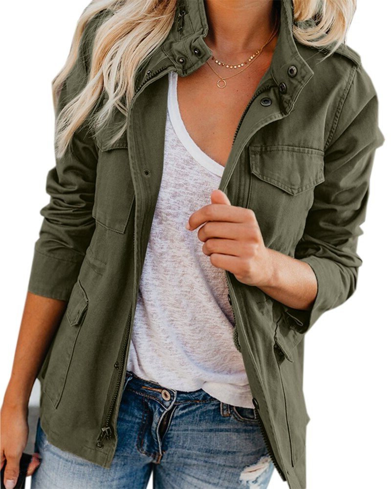 Stand Collar Utility Jacket with Pockets for Women
