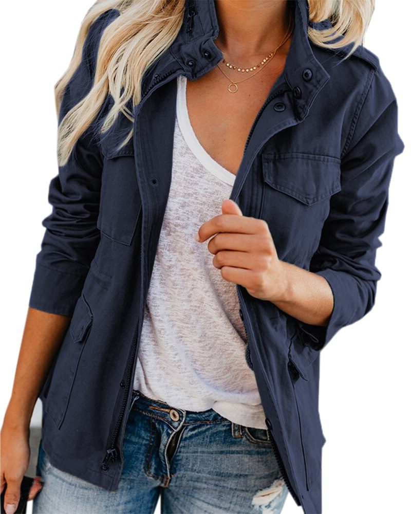 Stand Collar Utility Jacket with Pockets for Women - Navy Blue