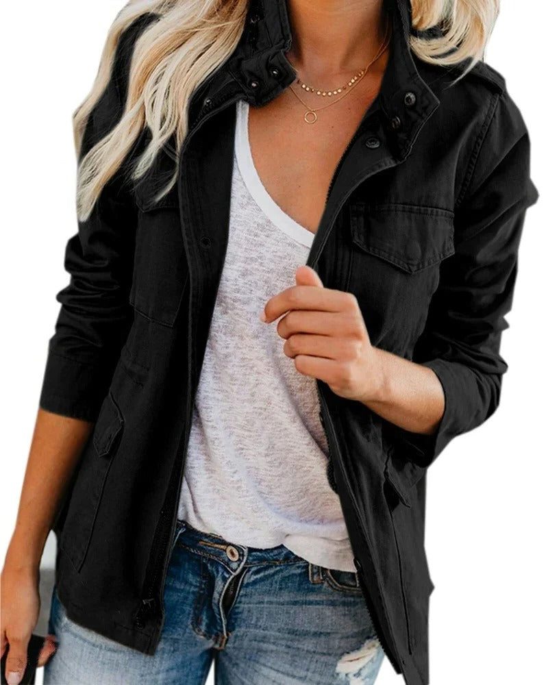 Stand Collar Utility Jacket with Pockets for Women - Black