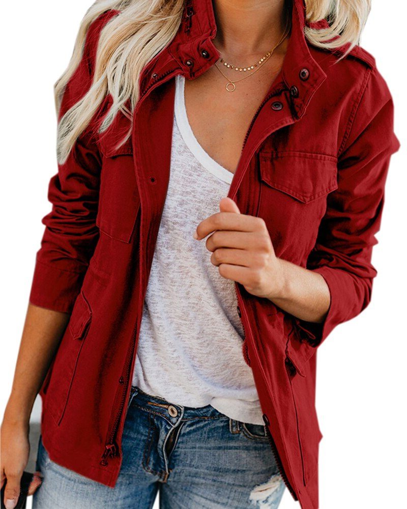 Stand Collar Utility Jacket with Pockets for Women - Burgundy