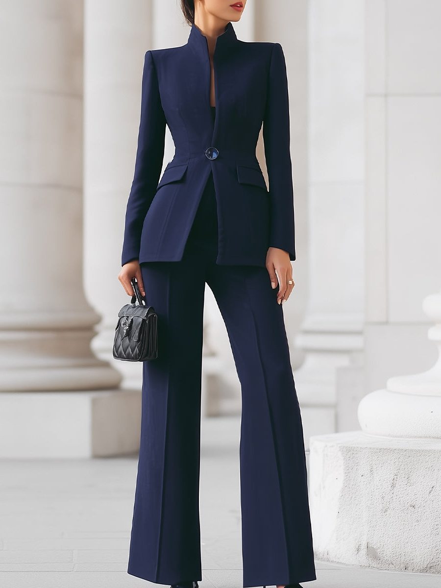 Stand Collar Wide Leg Blazer Set for Women