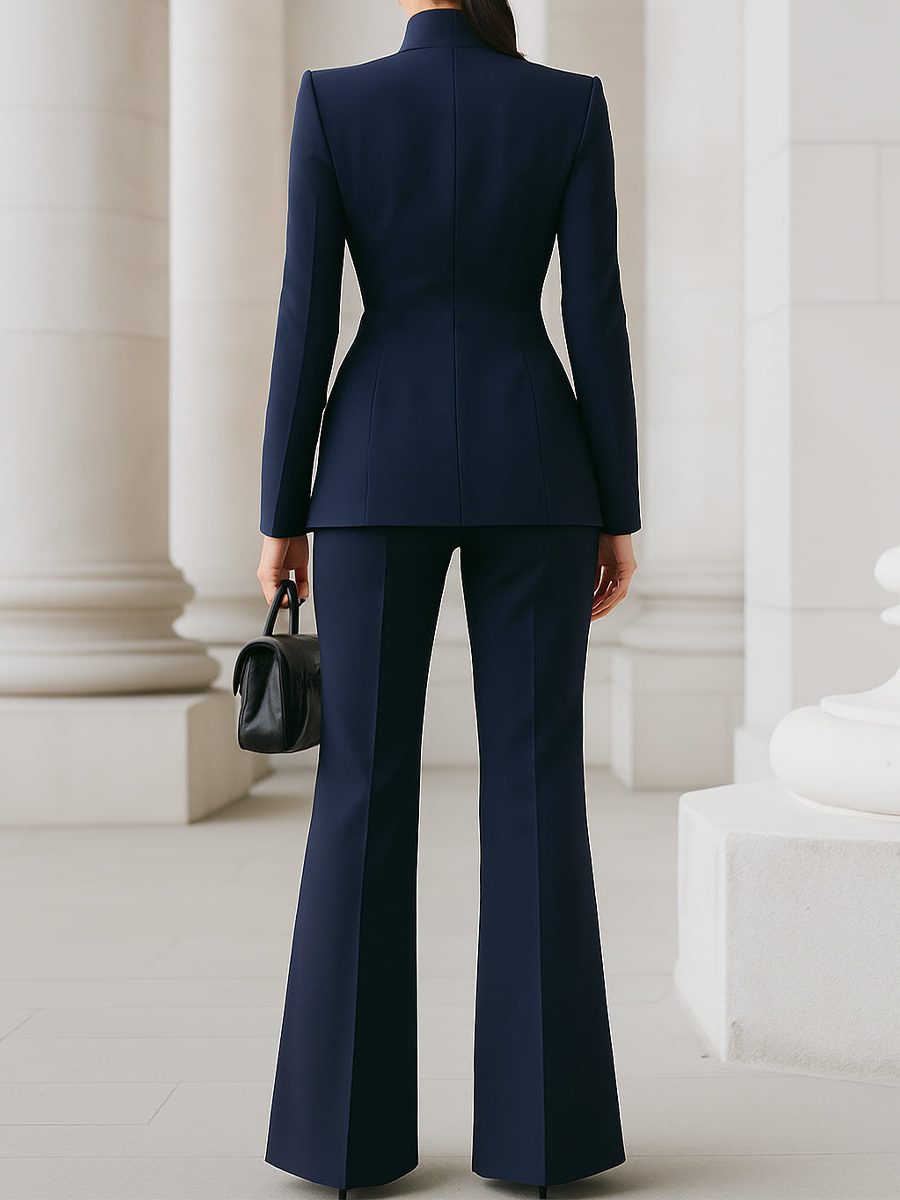 Stand Collar Wide Leg Blazer Set for Women - View 4