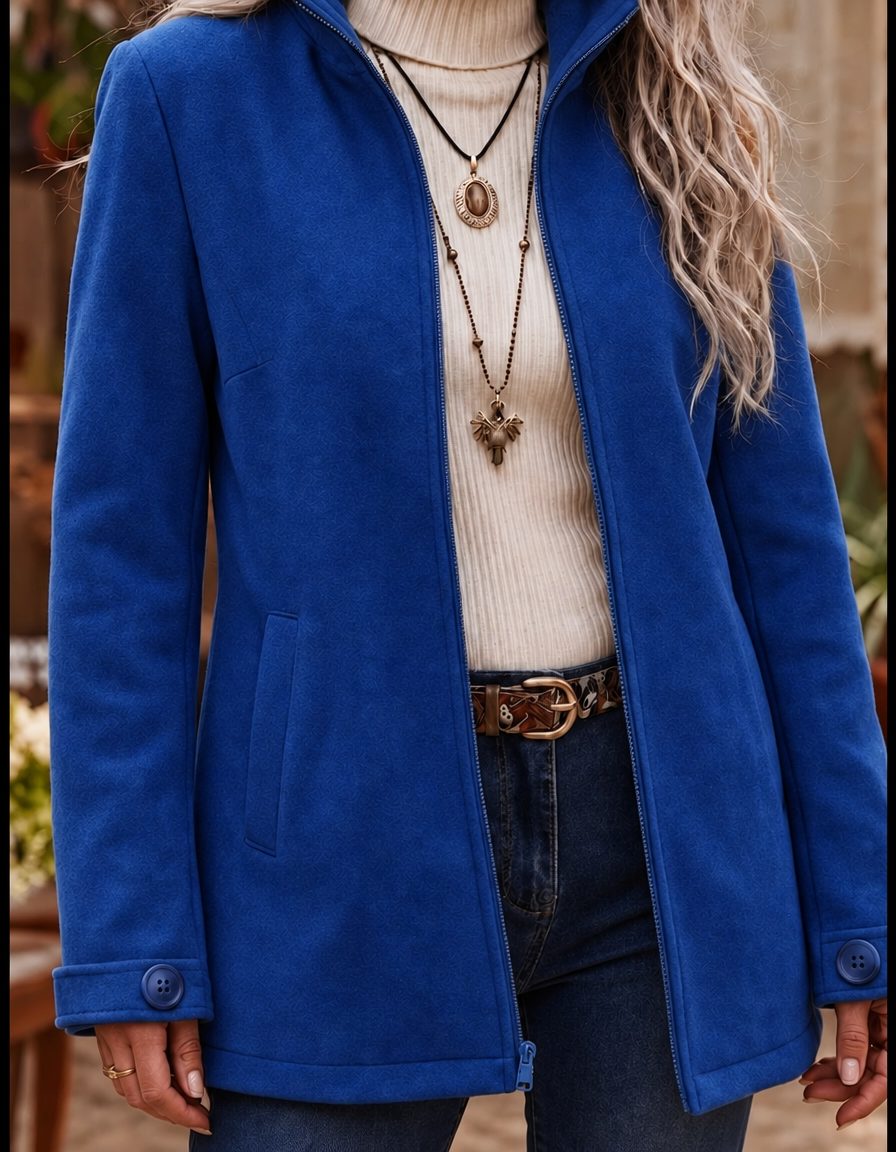 Stand Collar Zip-Up Fleece Jacket for Women - Blue