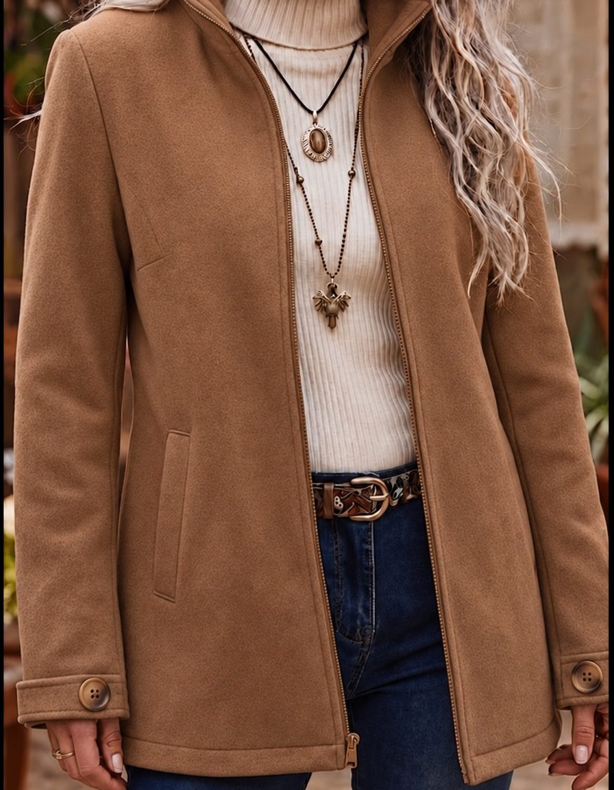 Stand Collar Zip-Up Fleece Jacket for Women - Khaki