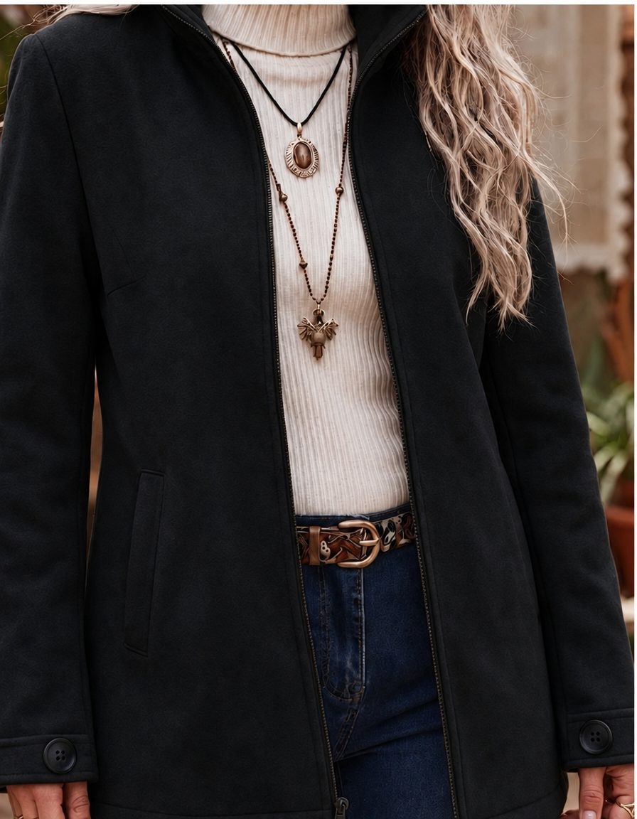Stand Collar Zip-Up Fleece Jacket for Women - Black