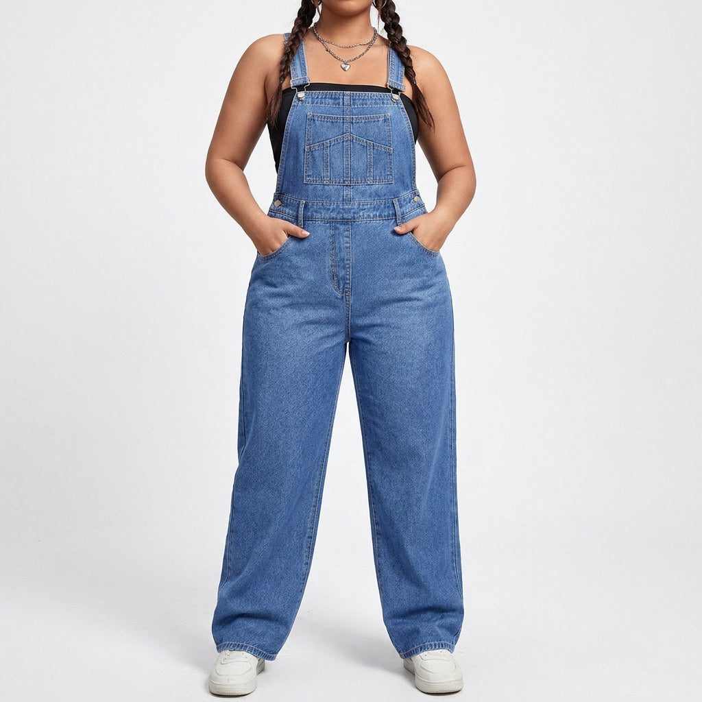 Straight Leg Denim Jumpsuit for Women - Blue