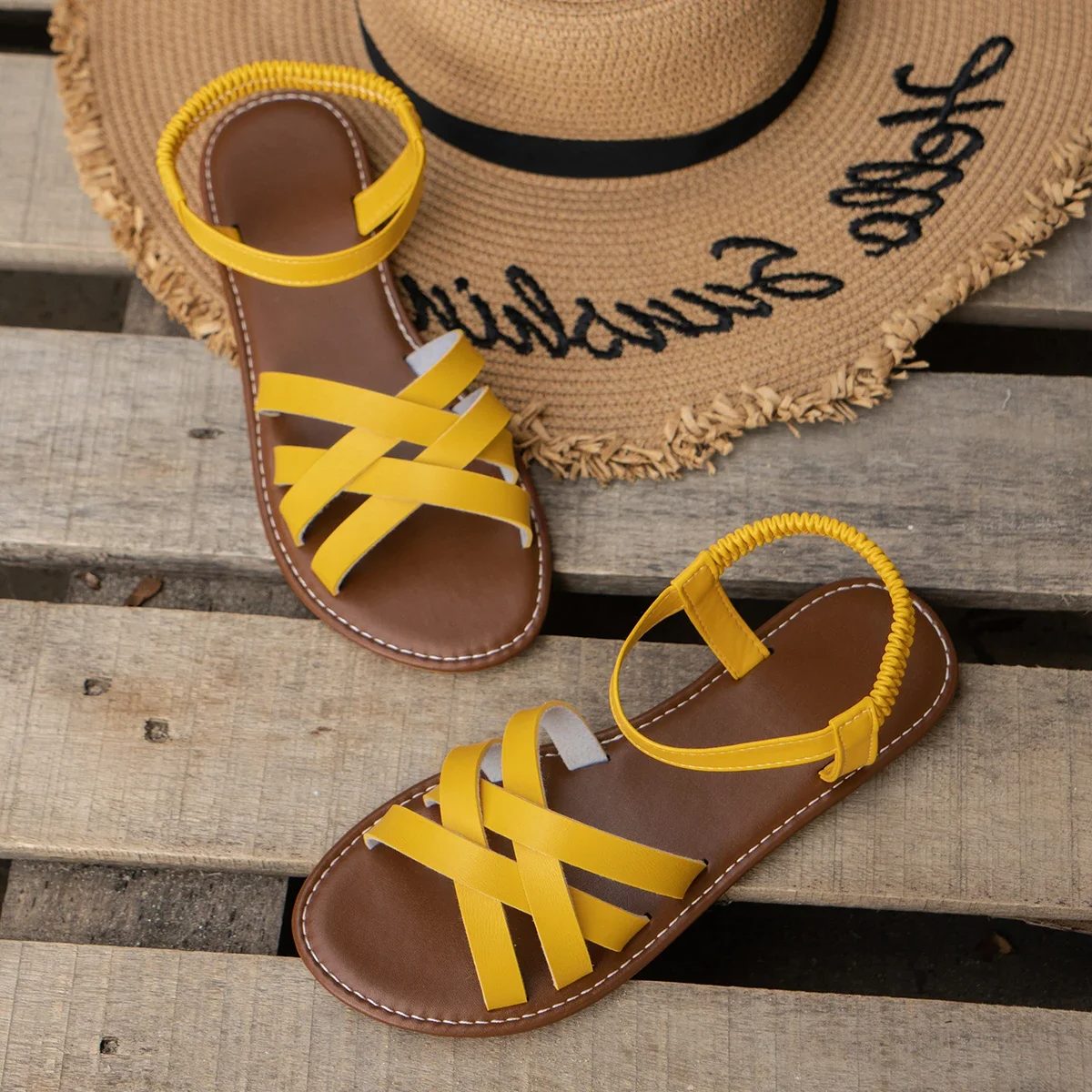 Strappy Open Toe Sandals for Women - Yellow