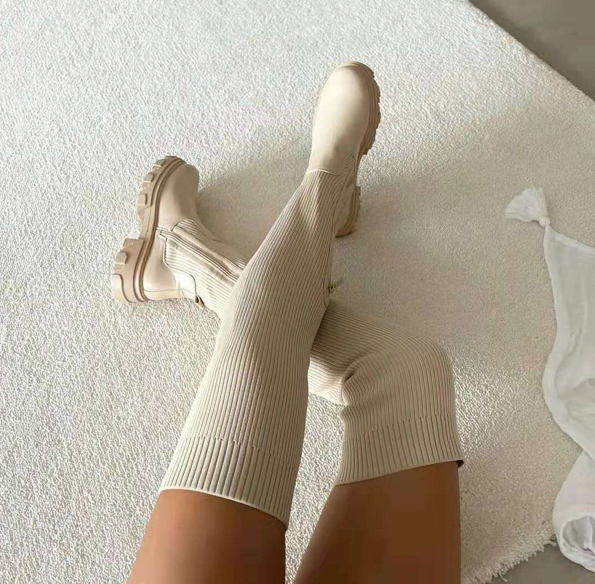 Stretch Over-The-Knee Platform Boots for Women - Beige