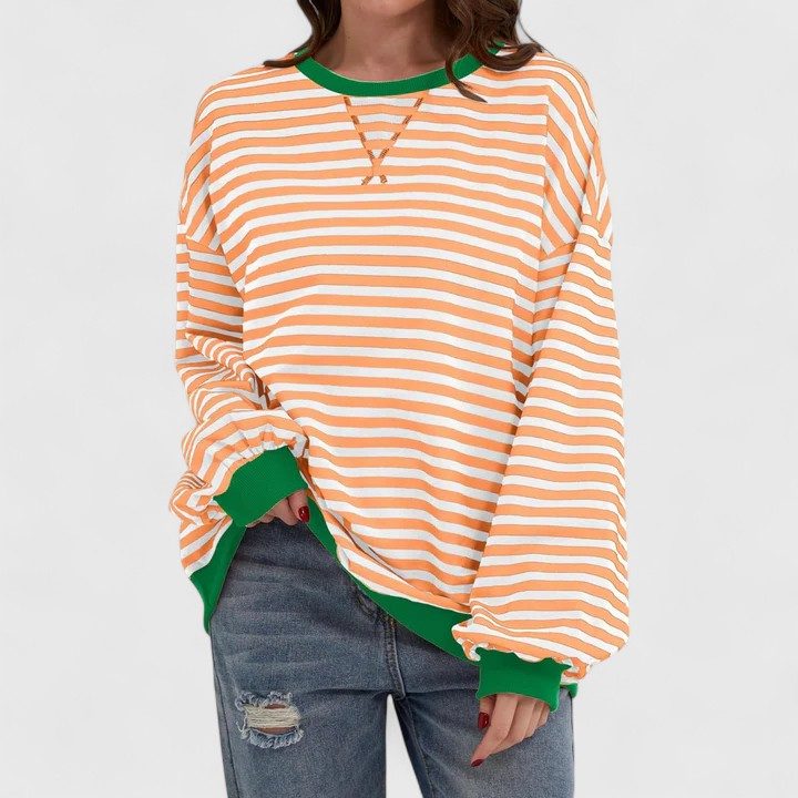 Striped Crew Neck Long Sleeve sweater for Women - Light Orange
