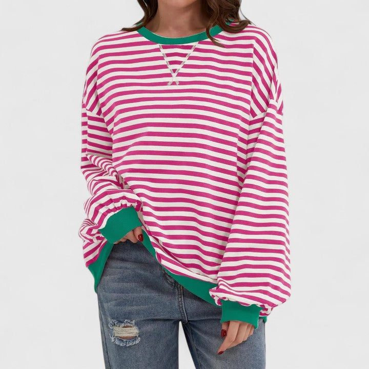 Striped Crew Neck Long Sleeve sweater for Women - Pink Red