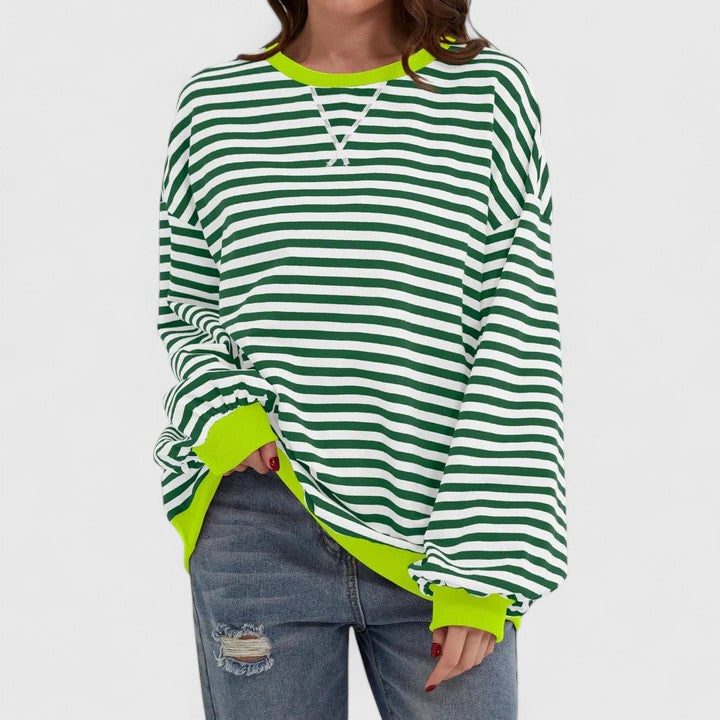 Striped Crew Neck Long Sleeve sweater for Women - Dark Green