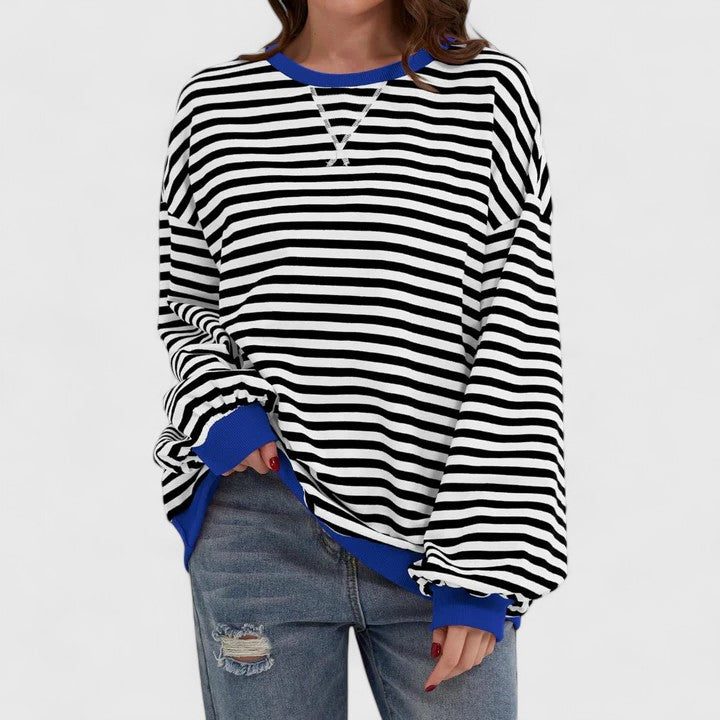 Striped Crew Neck Long Sleeve sweater for Women - Black