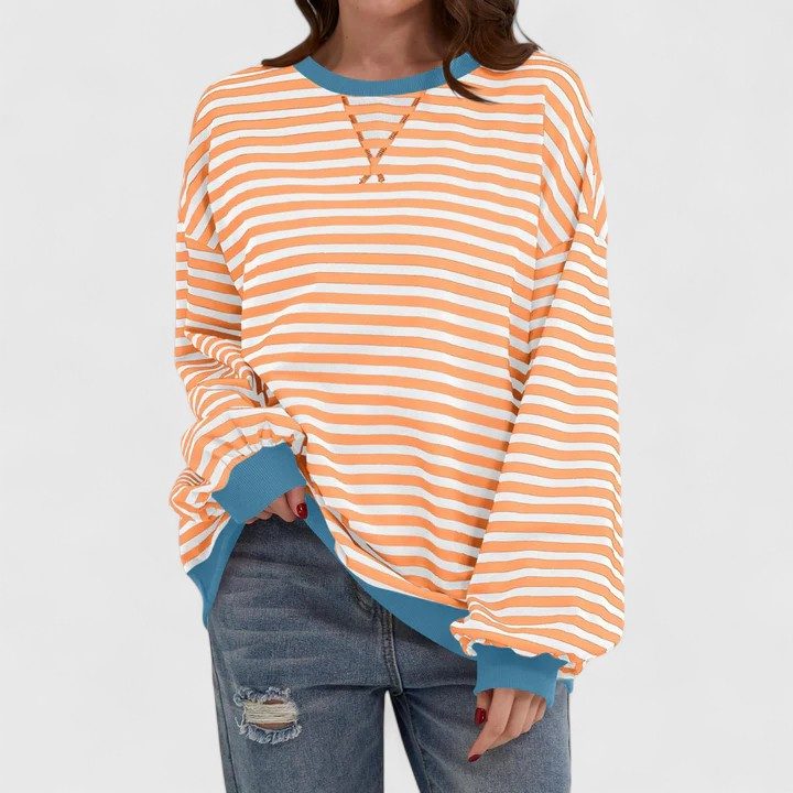 Striped Crew Neck Long Sleeve sweater for Women - Orange