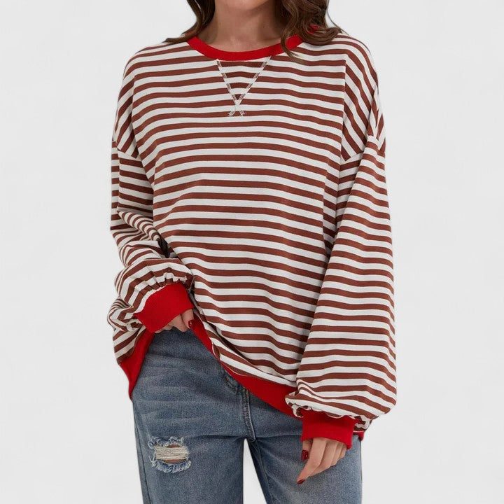 Striped Crew Neck Long sweater  sweater for Women - Red