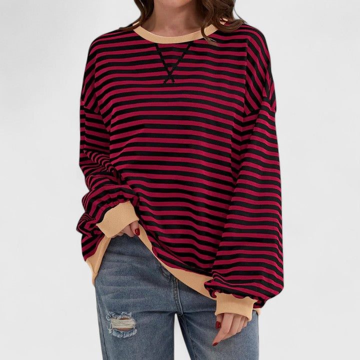Striped Crew Neck Long Sleeve sweater for Women - Red Wine