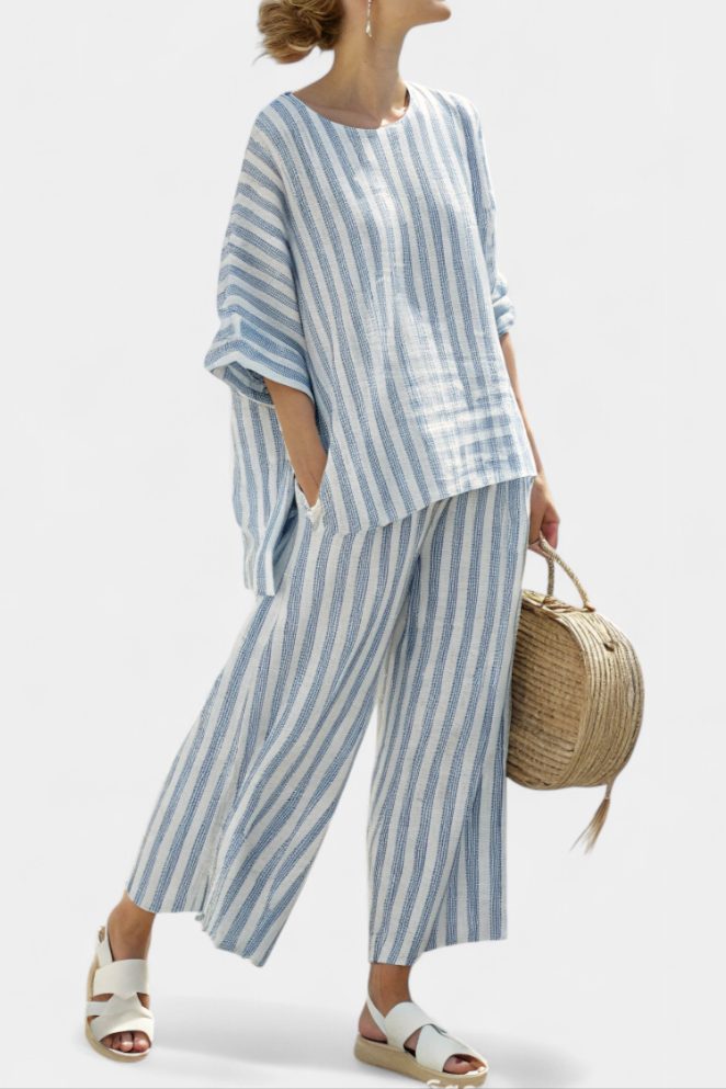 Striped Linen Oversized Top and Wide Leg Pants Set for Women