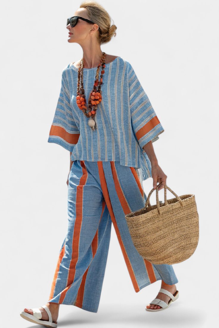 Striped Linen Short Sleeve Top and Wide Leg Pants Set for Women - Terracotta Stripe