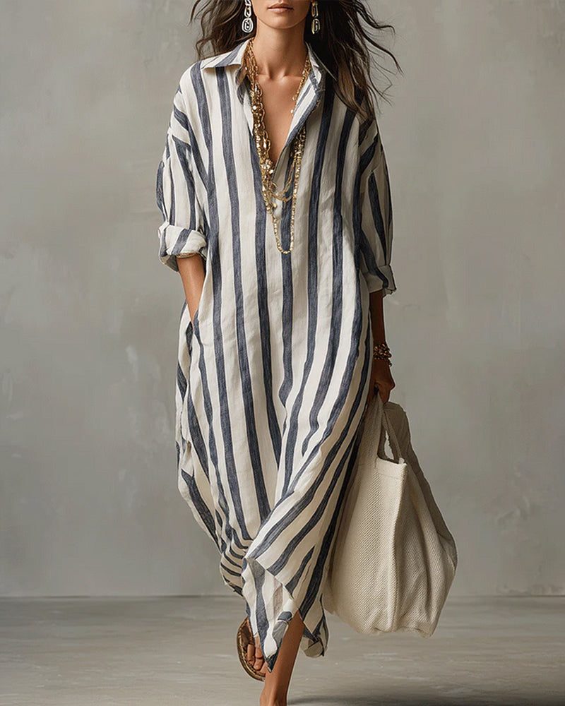 Striped Maxi Shirt Dress with Lapel Collar for Women