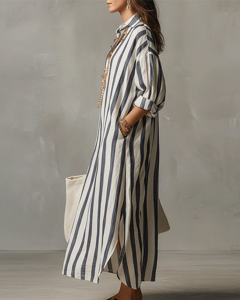Striped Maxi Shirt Dress with Lapel Collar for Women