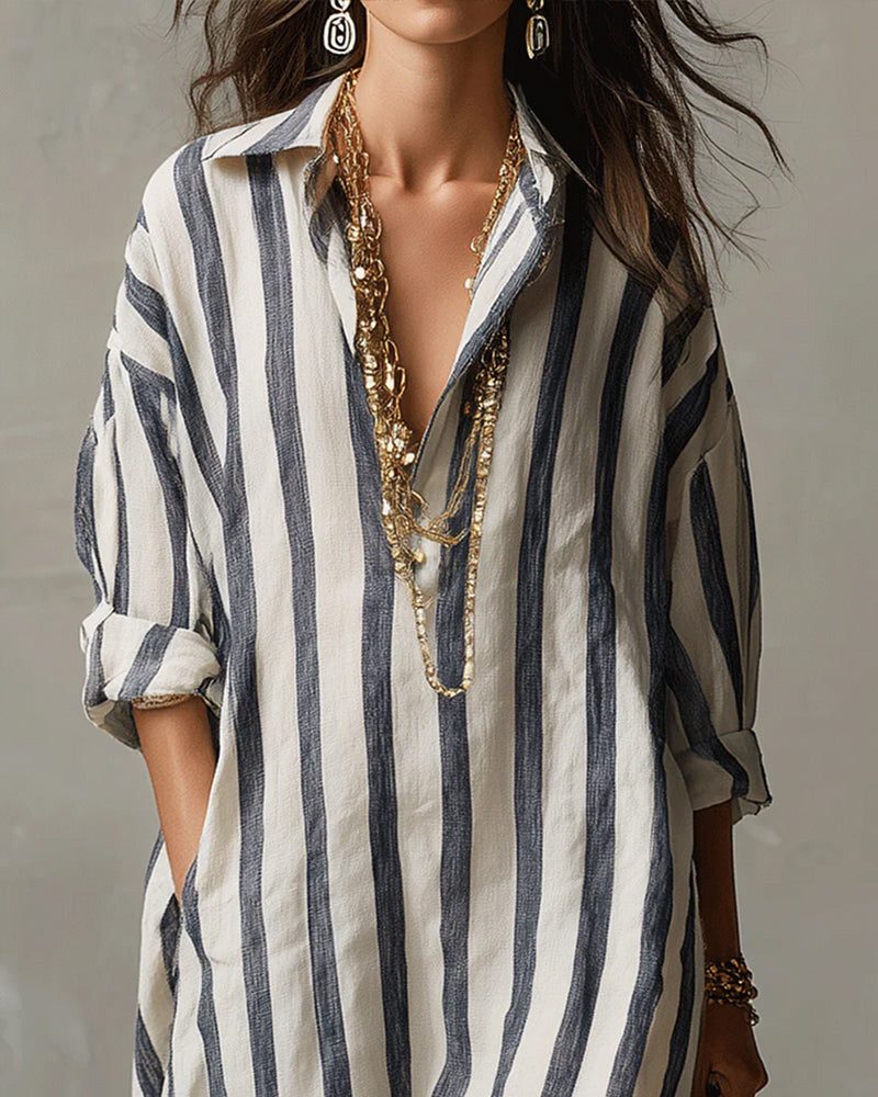 Striped Maxi Shirt Dress with Lapel Collar for Women - View 3