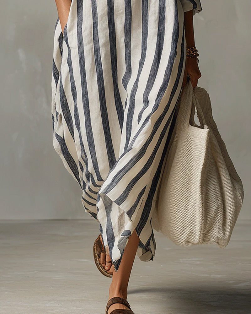 Striped Maxi Shirt Dress with Lapel Collar for Women - View 4