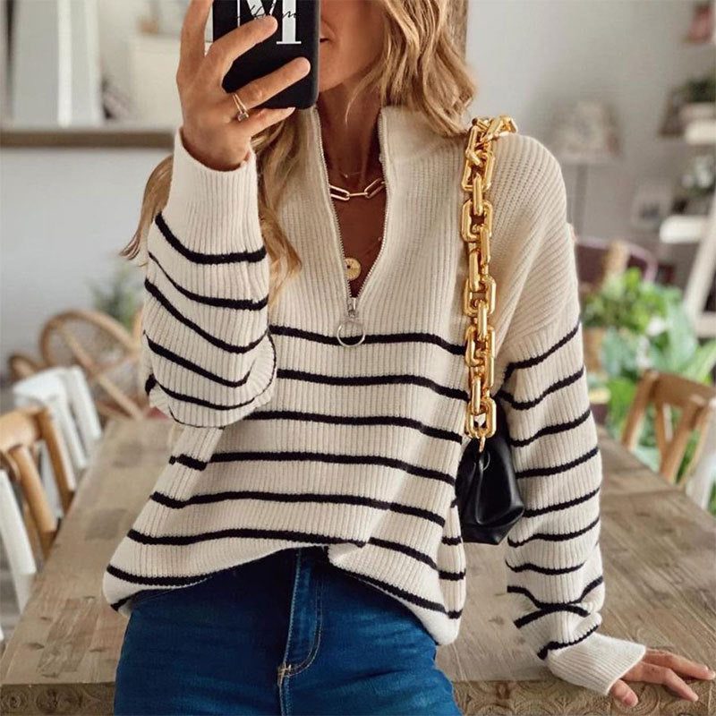Striped Ribbed Half-Zip Jumper for Women