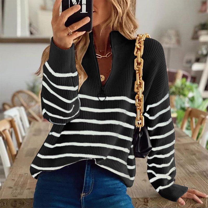Striped Ribbed Half-Zip Jumper for Women - Black