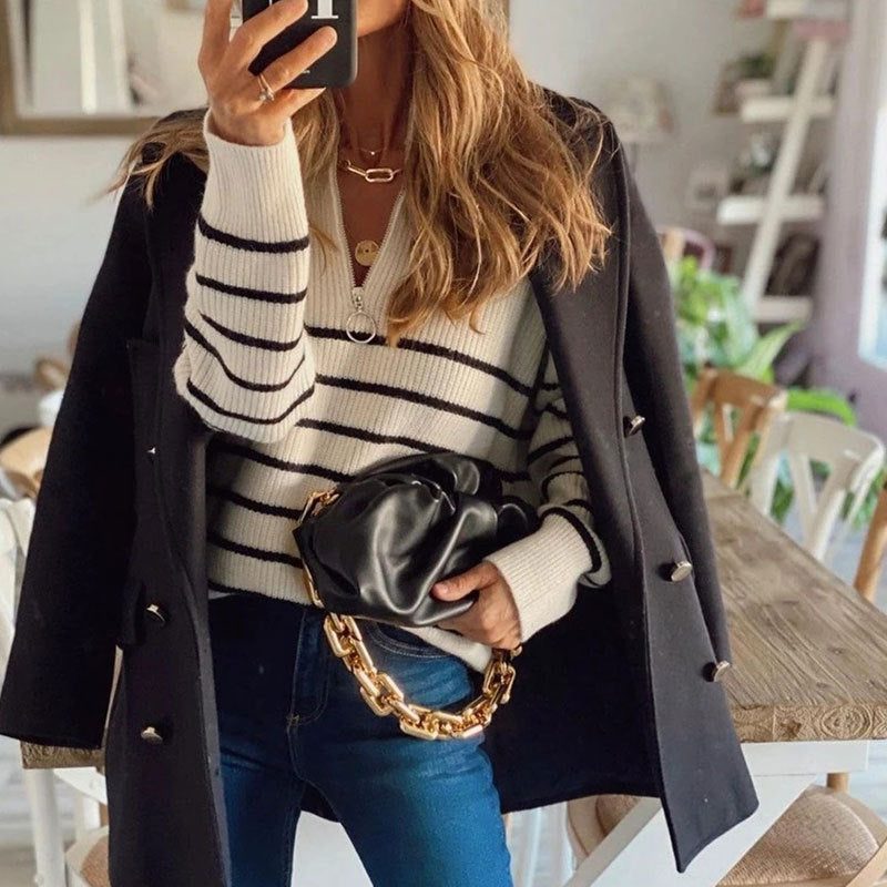 Striped Ribbed Half-Zip Jumper for Women - View 5