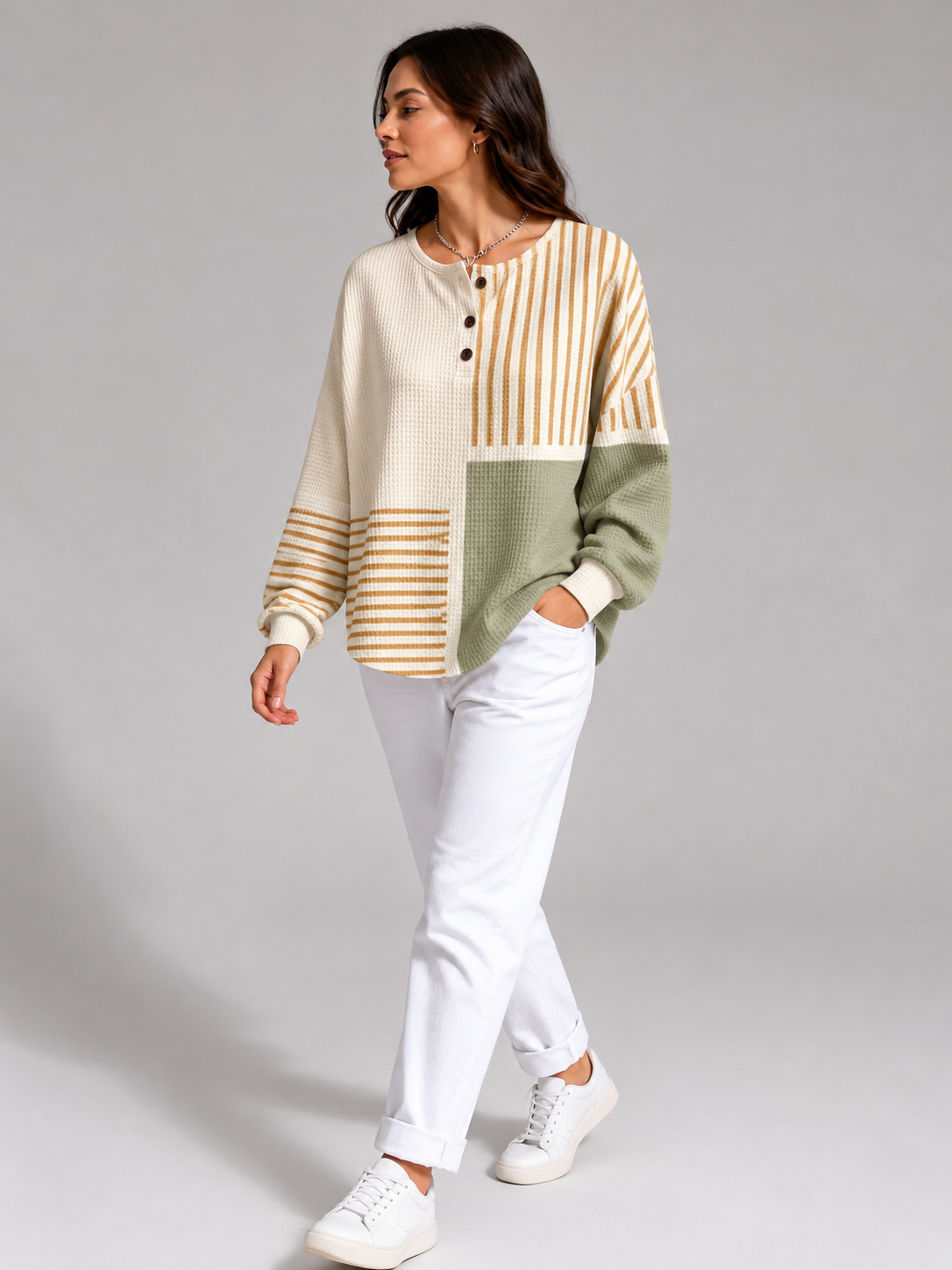 Ribbed Knit Striped Button-Up Jumper for Women