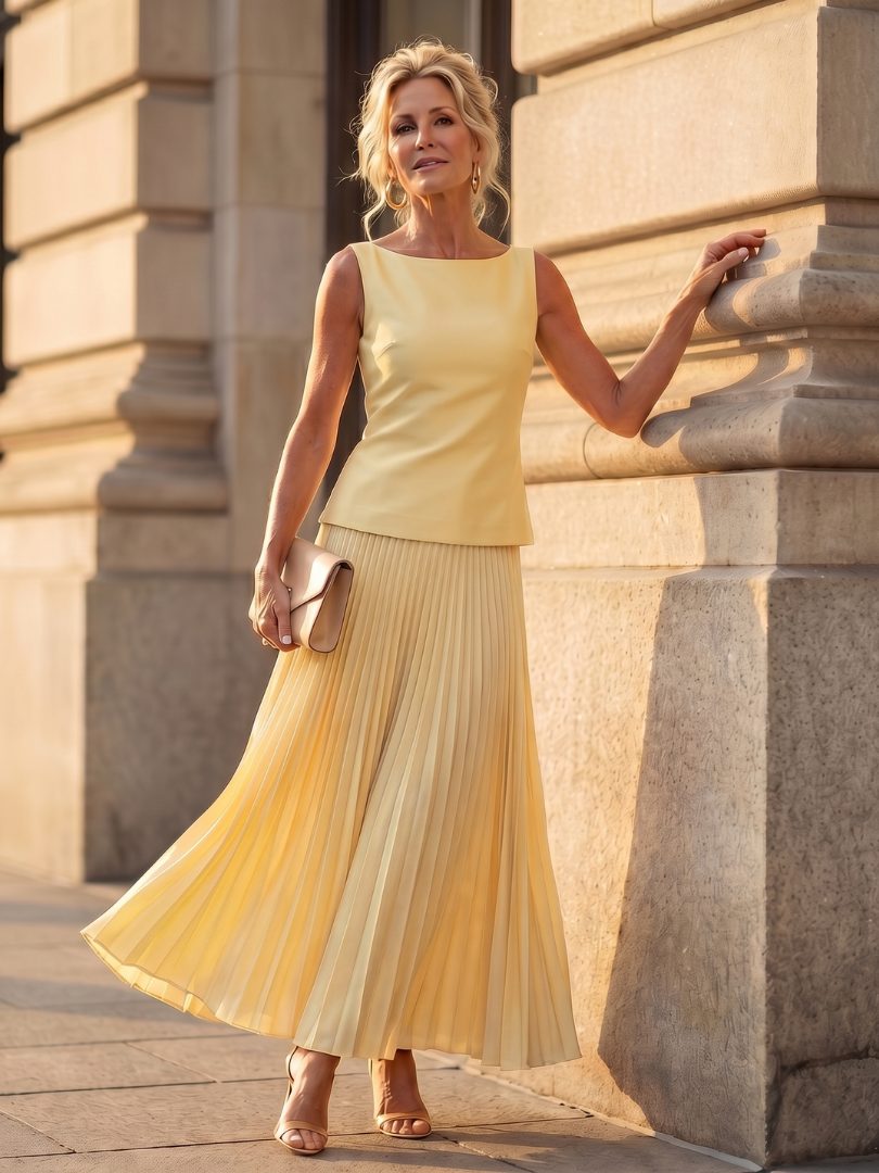 Structured Bodice Pleated Midi Skirt Set for Women
