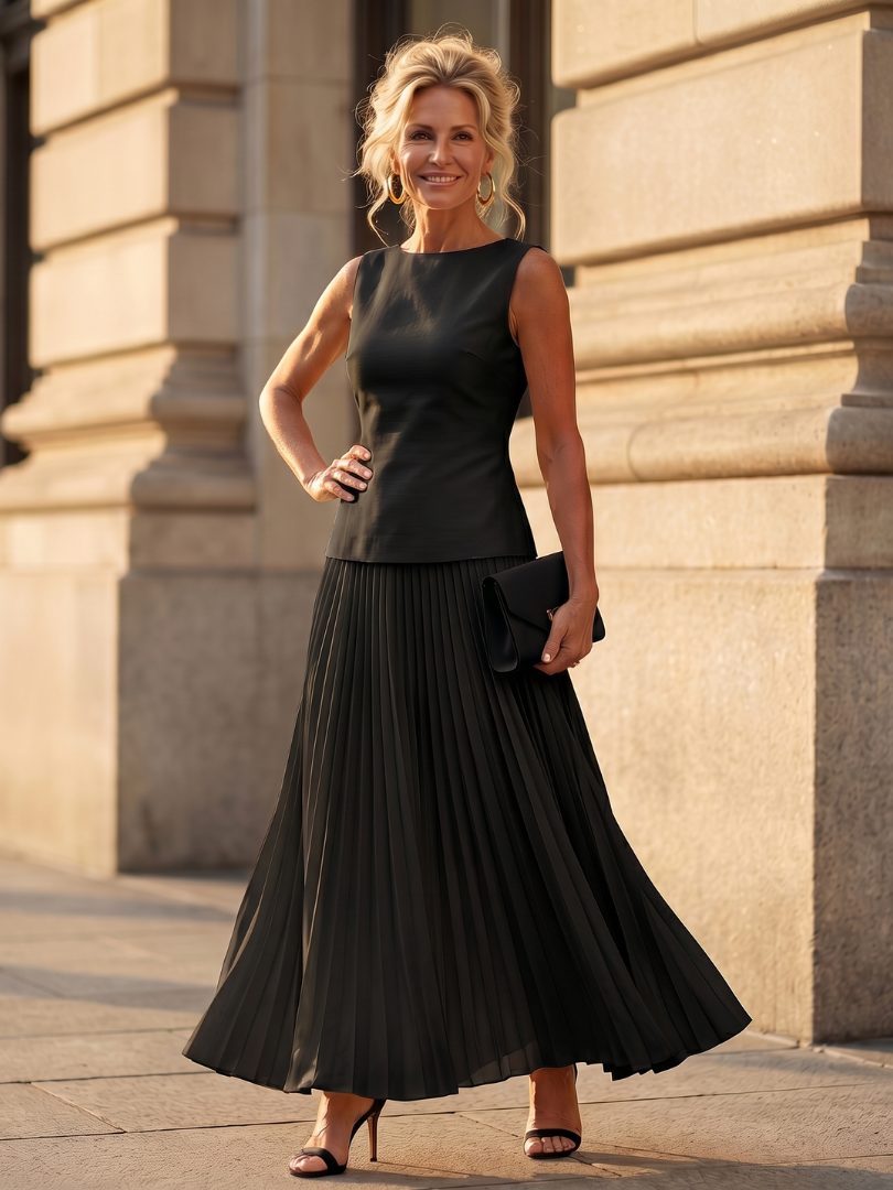 Structured Bodice Pleated Midi Skirt Set for Women - Black