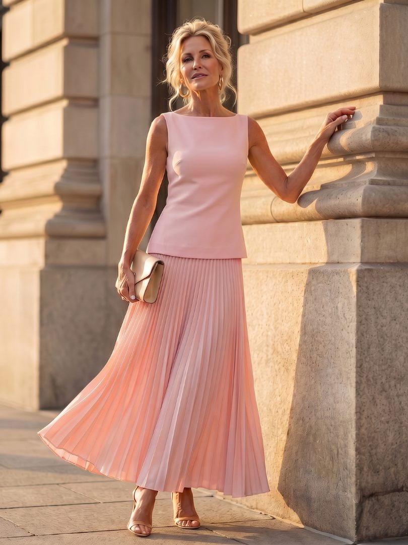 Structured Bodice Pleated Midi Skirt Set for Women - Pink