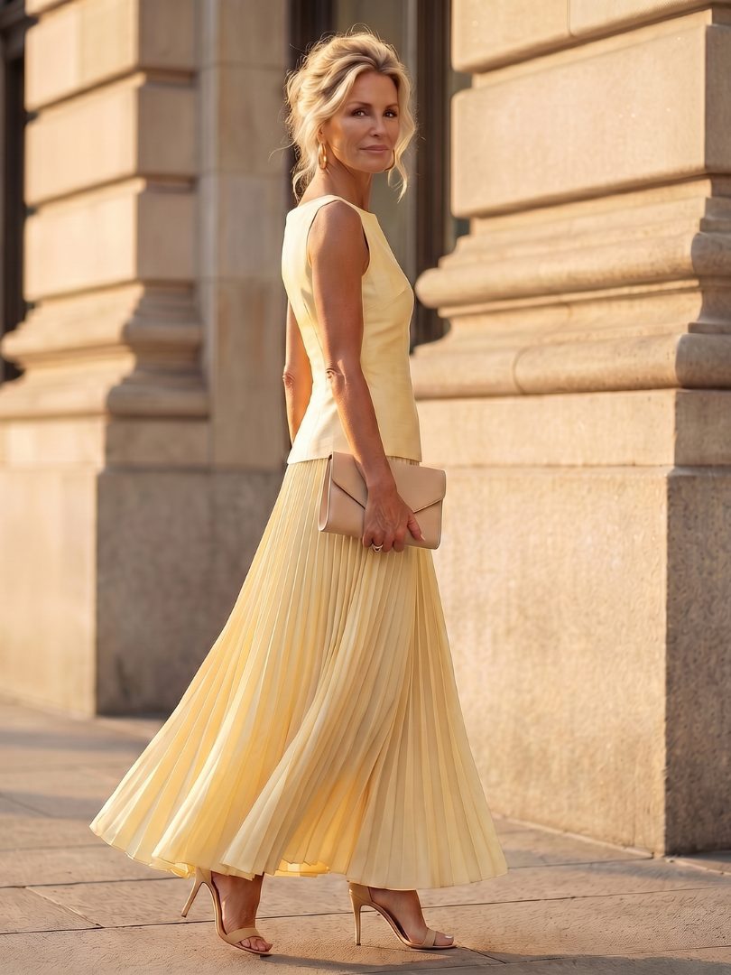Structured Bodice Pleated Midi Skirt Set for Women - View 2