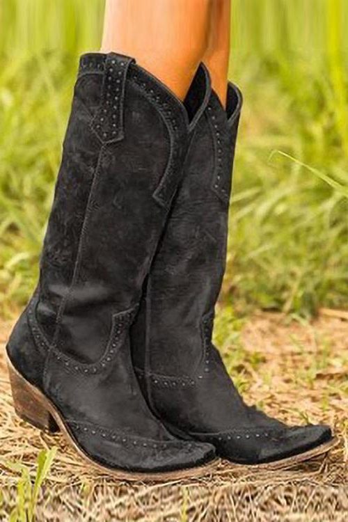Studded Pointed Toe Cowboy Boots for Women - Black