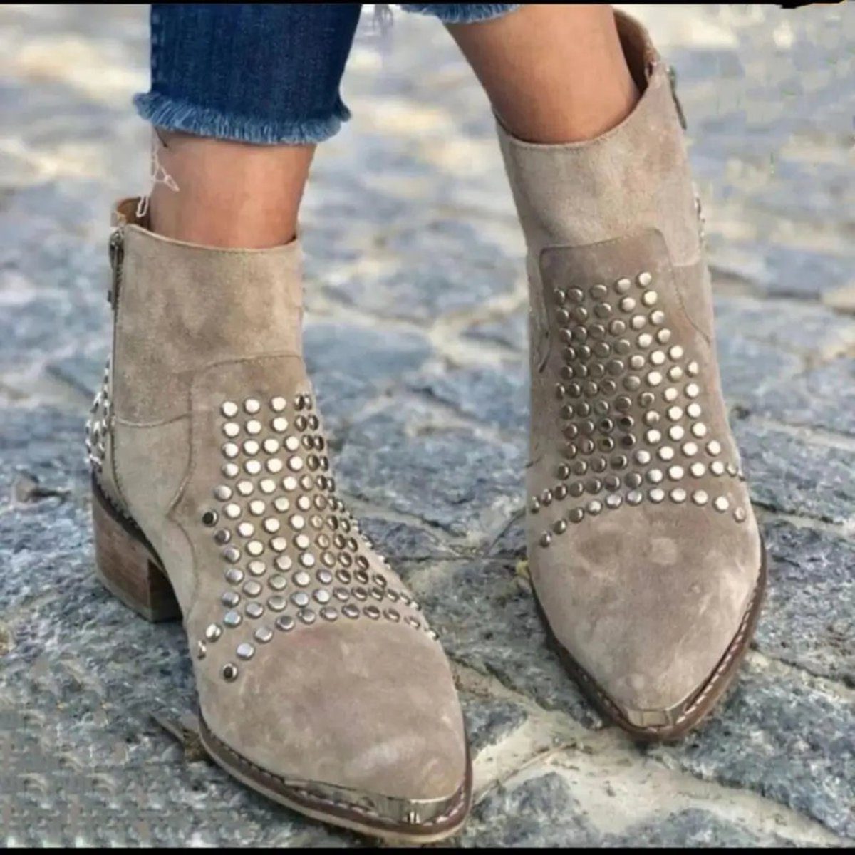 Studded Suede Block Heel Ankle Boots for Women - US 4