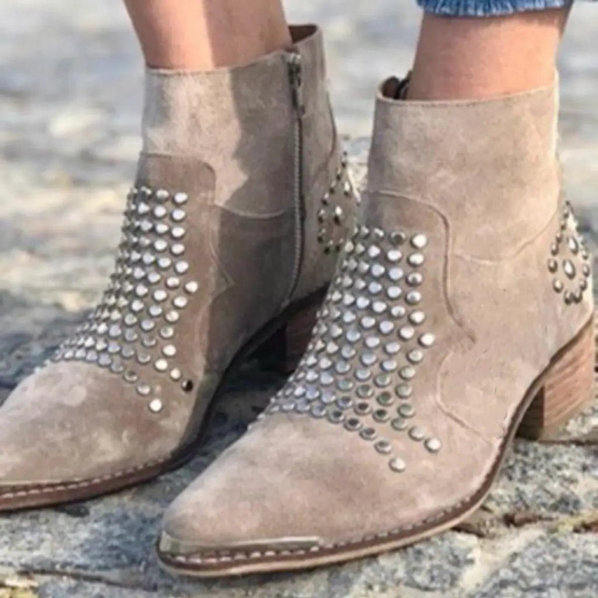 Studded Suede Block Heel Ankle Boots for Women - View 2