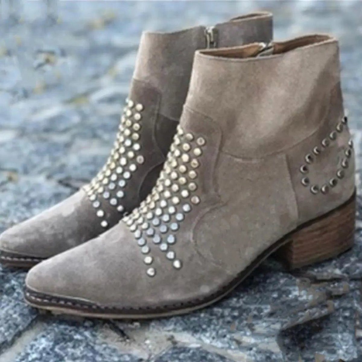 Studded Suede Block Heel Ankle Boots for Women - View 3