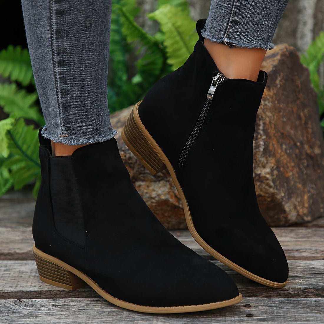 Suede Block Heel Ankle Boots with Zip for Women