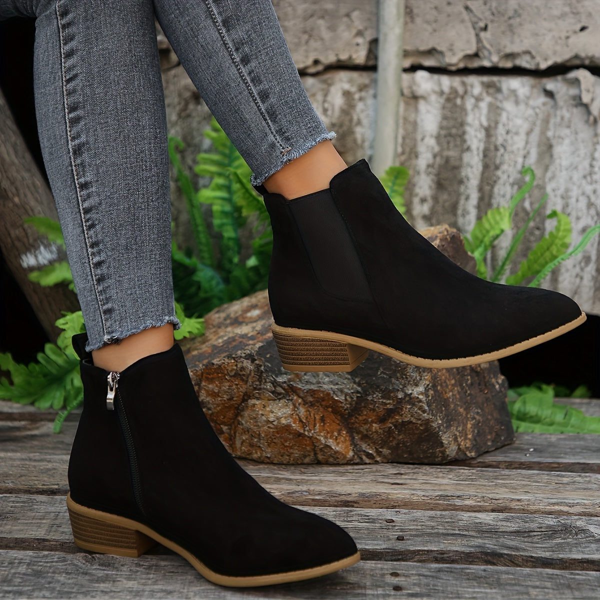Suede Block Heel Ankle Boots with Zip for Women - View 3