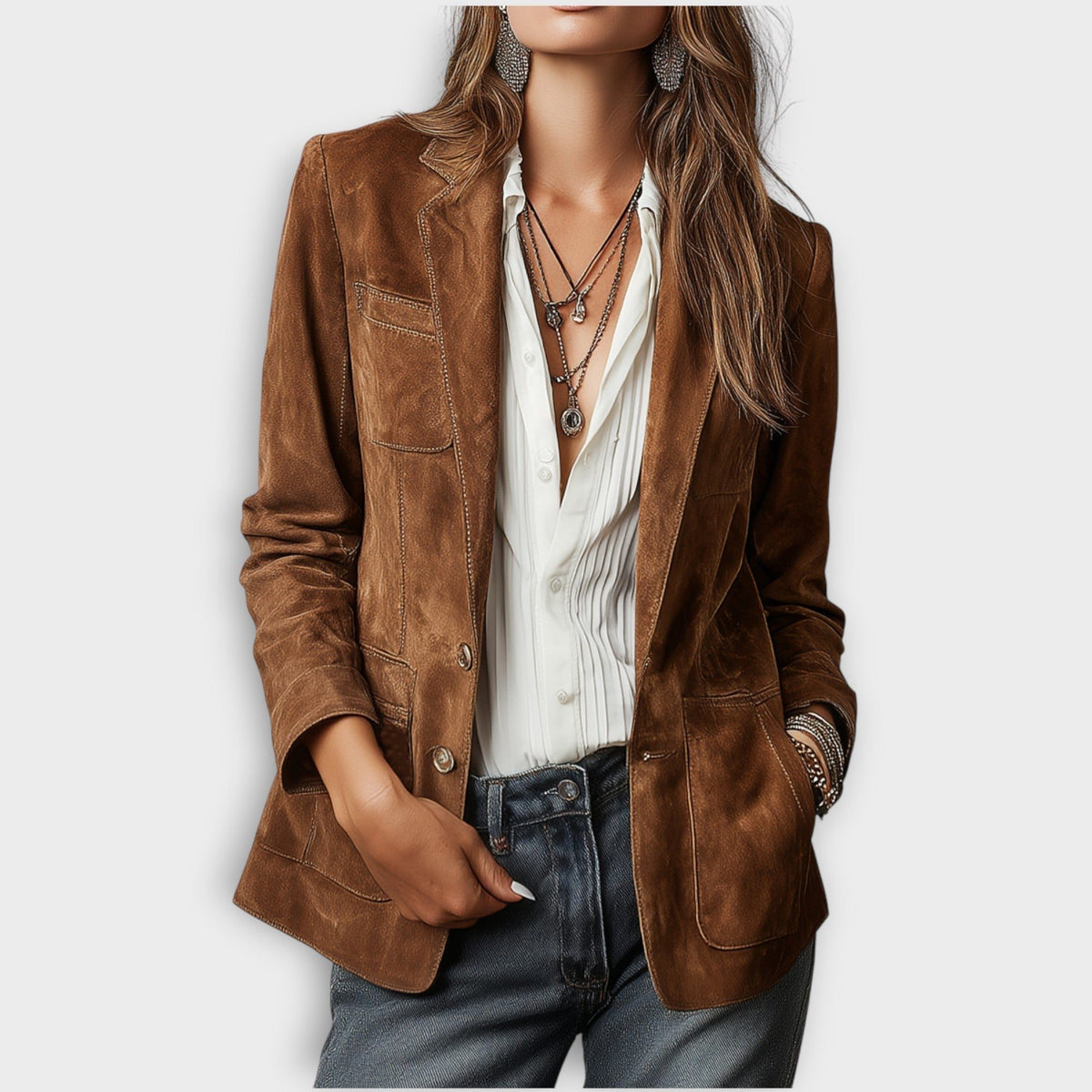 Suede Button-Down Blazer for Women