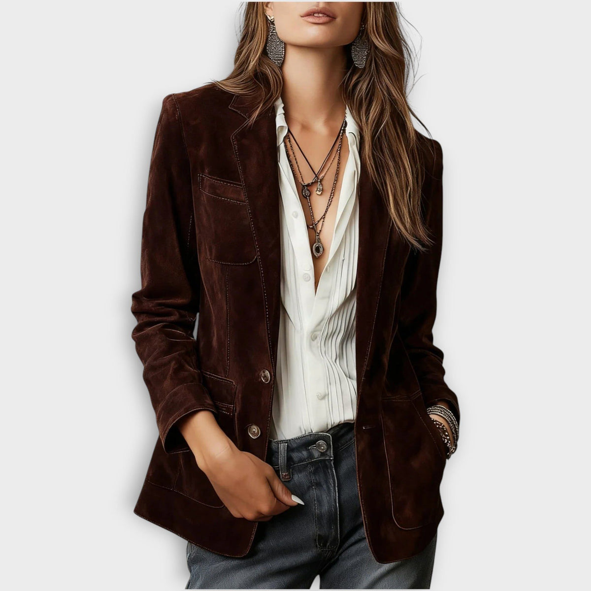 Suede Button-Down Blazer for Women - Dark Brown