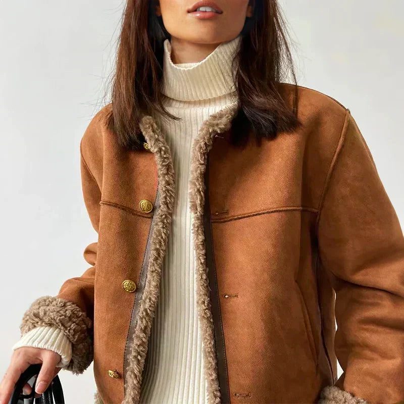 Suede Button-Down Jacket with Sherpa Lining for Women