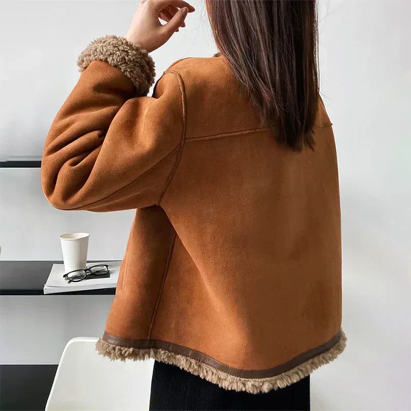 Suede Button-Down Jacket with Sherpa Lining for Women - View 3